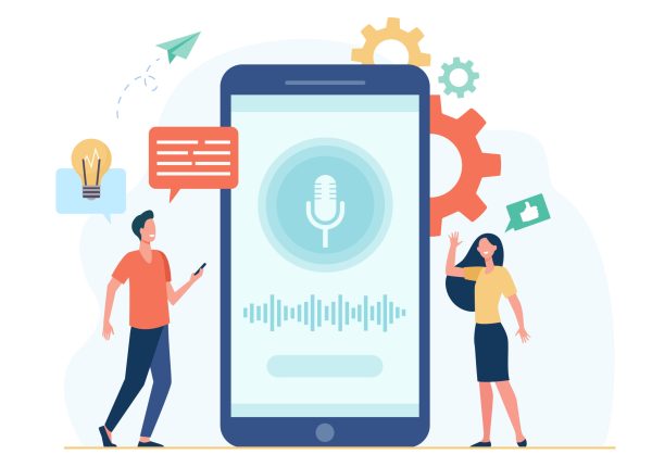 People with mobile phones using smart voice assistant software. Man and woman near screen with microphone and soundwaves. For sound recording, app interface, ai technology concept
